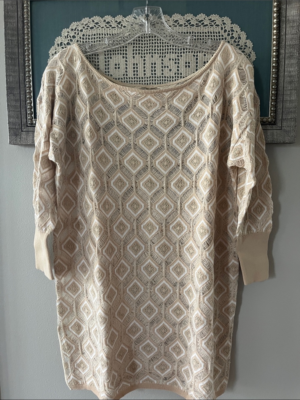 Beige Boatneck Crochet Knit Tunic Sweater